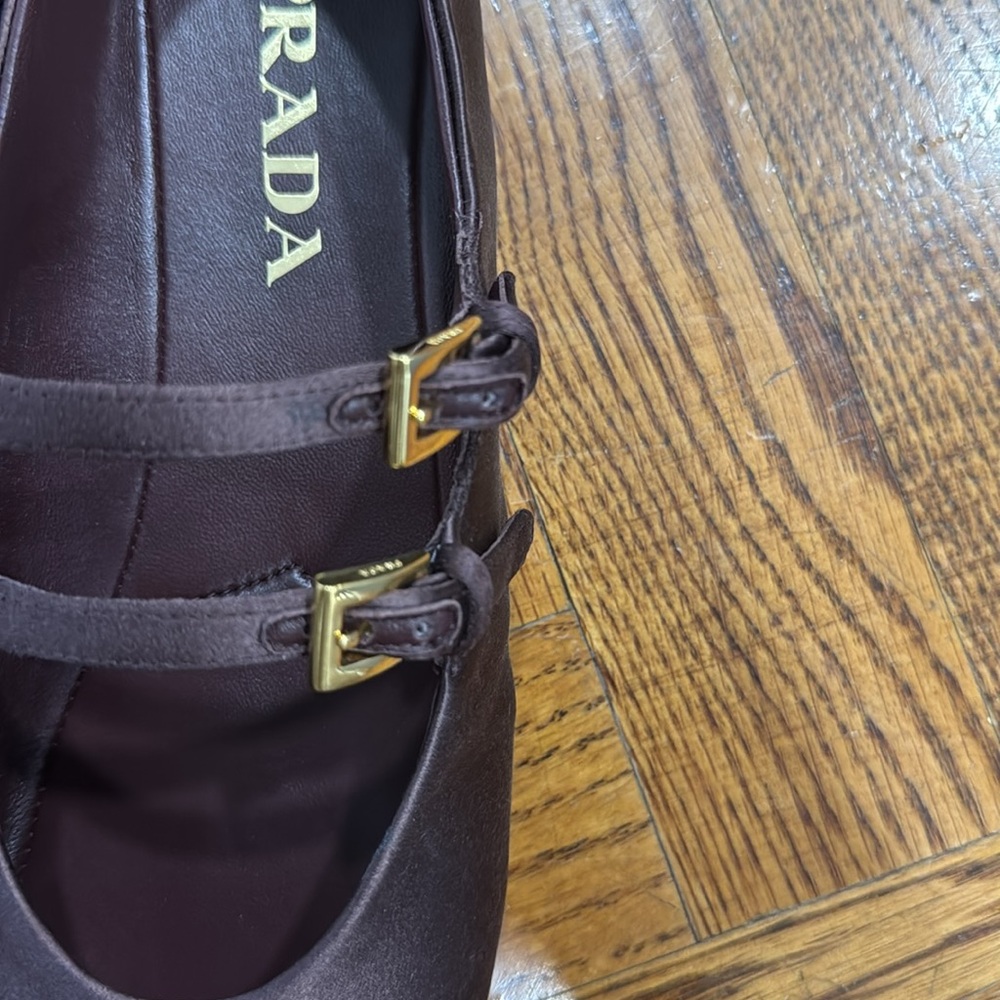 Prada Burgundy Satin Double-Strap Mary Jane Flats Gold Logo 36.5 authentic nib - Picture 8 of 11